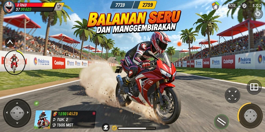 Tangkapan layar menampilkan aksi cepat dalam balap motor di 2739.