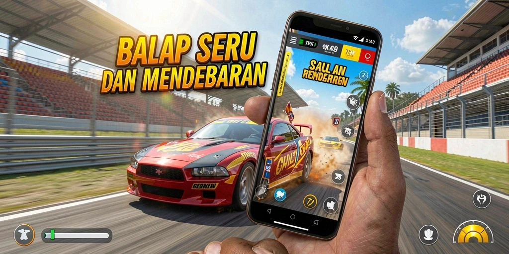 Screenshot menampilkan balapan intens dalam game 73K.