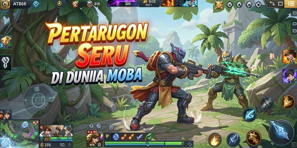 Screenshot gameplay AT866 yang menampilkan aksi seru dalam pertempuran MOBA.