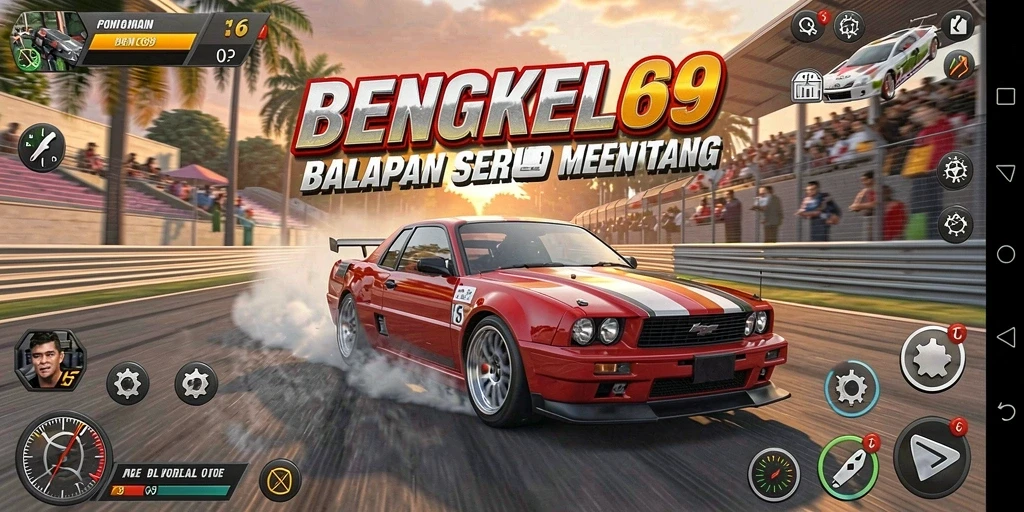Screenshot BENGKEL69 menunjukkan aksi balapan mendebarkan di lintasan.