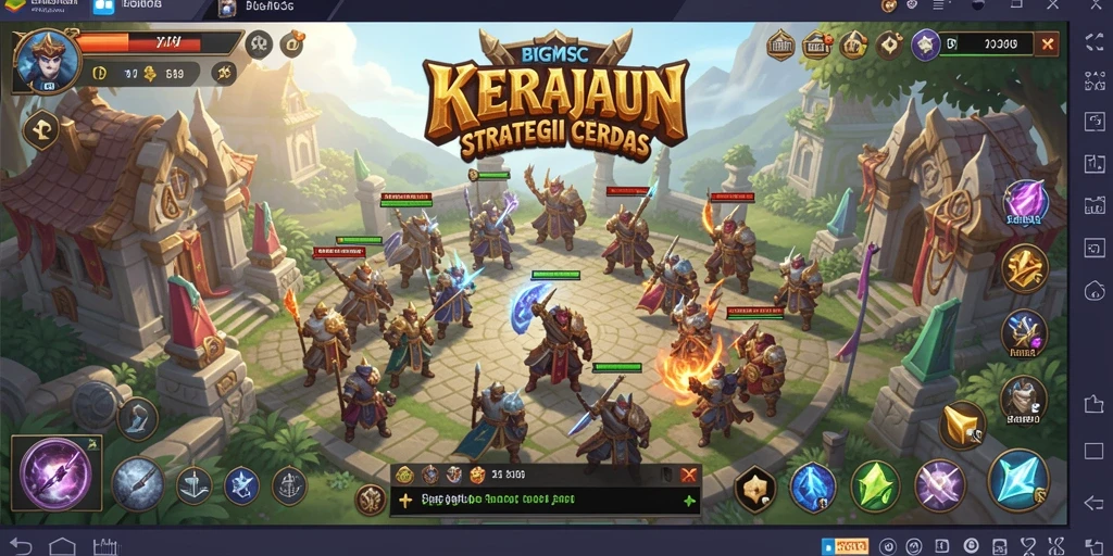 Screenshot gameplay BIGMSG menampilkan pertahanan menara melawan gelombang musuh.
