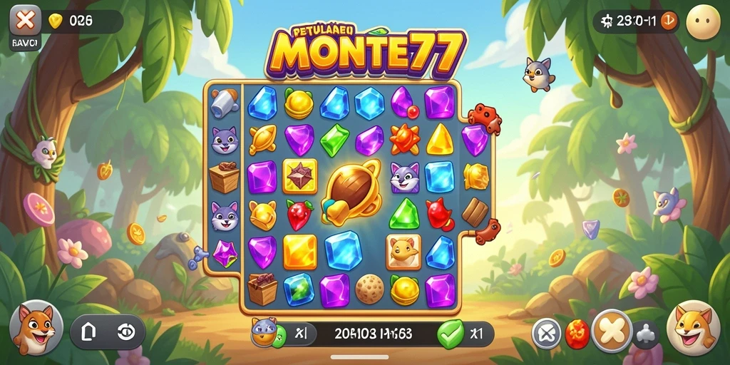 Tampilan gameplay seru dalam MONTE77 dengan teka-teki Match-3.