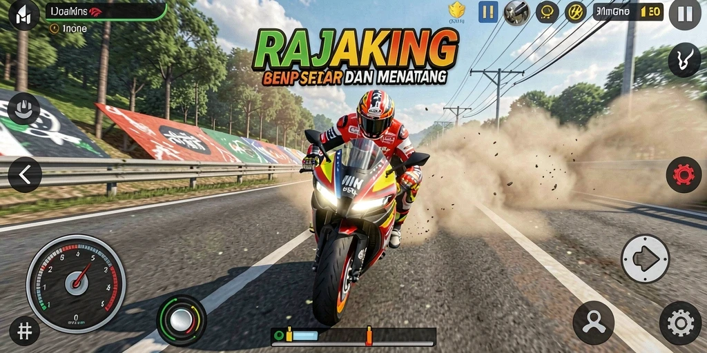 Tampilan gameplay RAJAKING dengan grafis balapan motor yang mendebarkan.