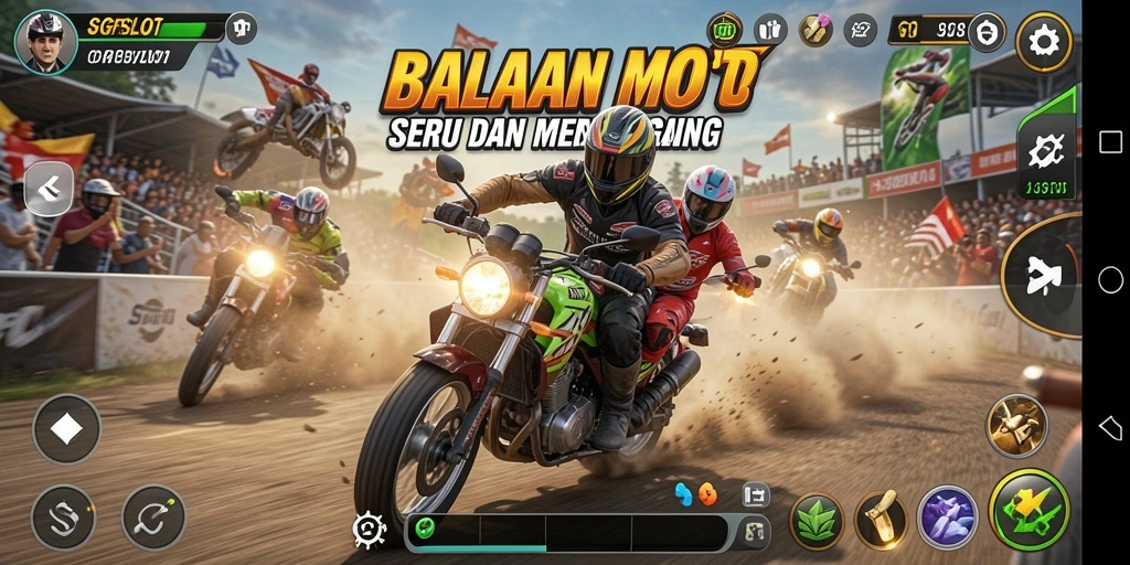 Screenshot gameplay SGPSLOT menampilkan balapan motor yang menegangkan.