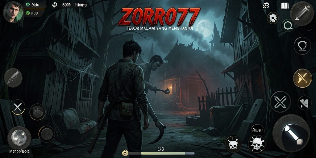 Screenshot dari gameplay <strong>ZORO77</strong> menunjukkan suasana menakutkan dan kegelapan yang mendalam.